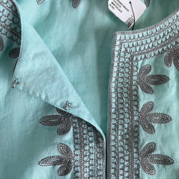 NWT Saks Fifth Avenue Women's Embroidered Tunic Top 100% Linen Mint Blue - Picture 6 of 9